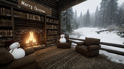 A warm library features shelves of Christmas books, a crackling fireplace, and two snowmen seated...