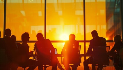 A group of business people in a Silhouette of business people working together in an office with light effects and double sunset exposure, representing teamwork partnership
