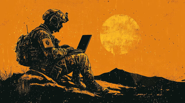 Silhouetted soldier using a laptop in a desert landscape.