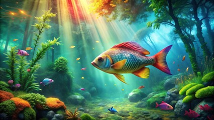 Fototapeta premium Fantasy of a colorful fish swimming in a enchanted forest , magical, underwater, mystical, nature, vibrant, aquatic