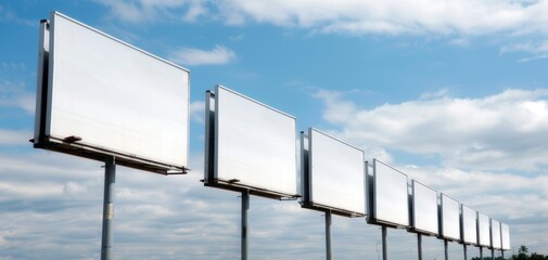 A row of blank billboards against a clear blue sky, ready for advertising and promotion opportunities in the outdoor space.