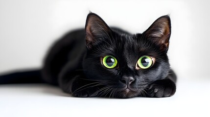 Captivating close up portrait of a sleek black domestic cat with piercing green eyes staring intently and observantly at the a moody and mysterious atmosphere  The cat s striking features
