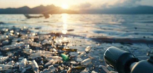 A serene sunset reflecting on a polluted shoreline littered with plastic waste, highlighting environmental concerns and awareness.