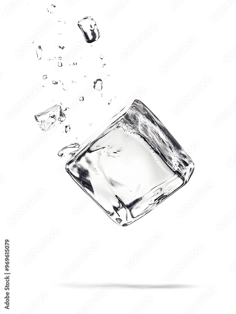 Poster captivating crystal ice cube frozen in time with splashing droplets of water showcasing the mesmeriz