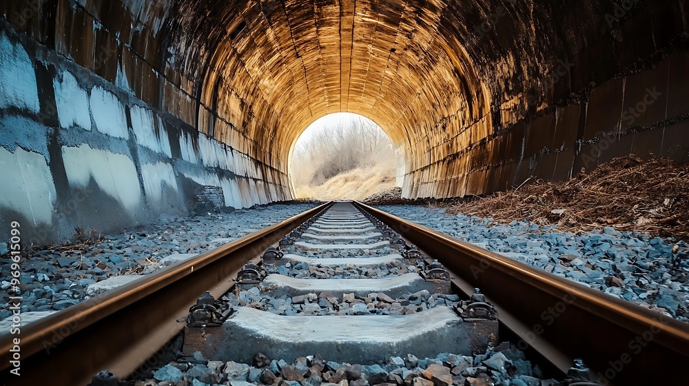 Wall mural Railroad Tracks Leading Through Tunnel to Bright Light