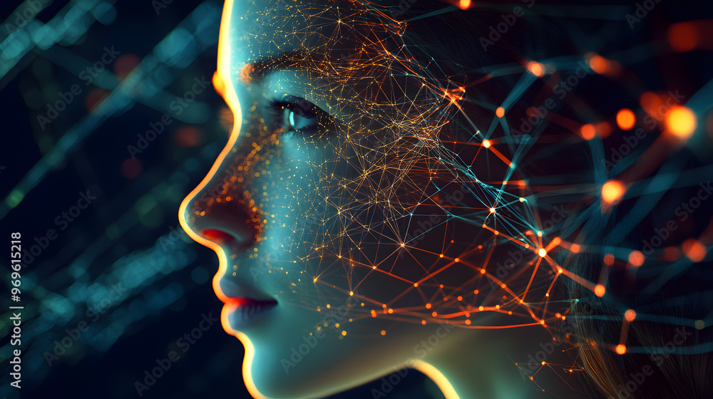Aufkleber neural network dreams: a woman's face illuminated by a web of glowing nodes and connections, depicti