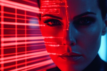 Deep learning brainwave pattern brain mapping and cognitive development woman in a neon lit room with red lines on face symbolizing high tech innovation and data flow