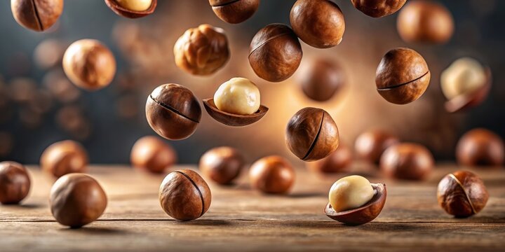 Detailed macro view of falling macadamia nuts with minimalist background, macadamia nuts, falling, macro, detailed, close-up