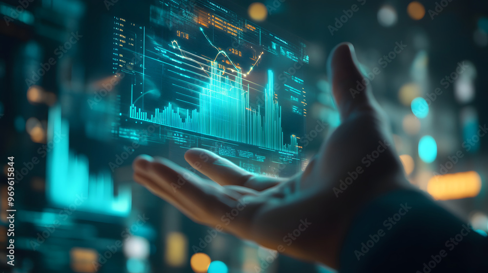 Poster data in hand: a hand reaches out to grasp a holographic display of dynamic data, showcasing a rising