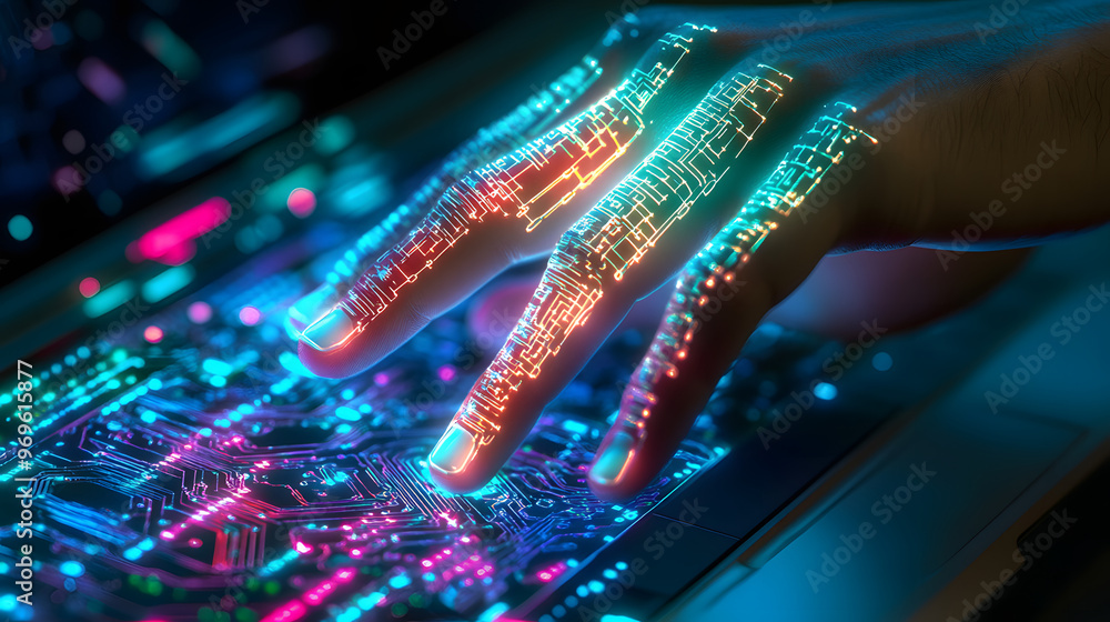 Poster digital symphony: a luminous hand dances across a futuristic keyboard, fingers trailing streams of v
