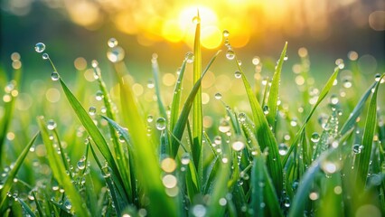 Fototapeta premium Fresh green grass covered in morning dew , nature, outdoors, garden, sunny, sunrise, vibrant, peaceful, morning light