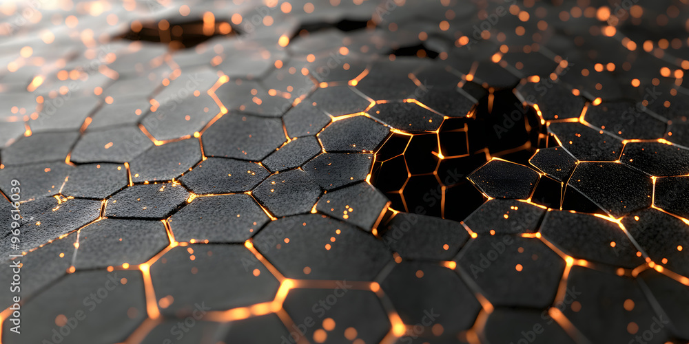 Poster cracked hexagon abstract: a mesmerizing close-up of a shattered hexagon pattern, glowing with warm, 