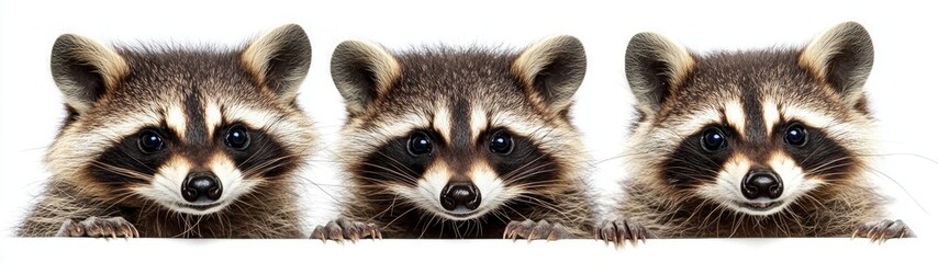 Fototapeta premium Adventurous Raccoons at Night, a playful scene featuring curious raccoons exploring under the moonlight, set against a clean white backdrop, showcasing their lively nature.