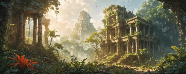 Digital art of ancient ruins covered in overgrown greenery. Stone structures look aged; jungle is lush with tall trees and vibrant plants. Sun shines brightly on scene.