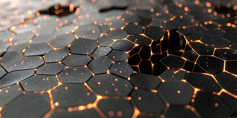Obraz premium Abstract Fractured Surface: Glowing, ethereal fissures crack through a sleek, honeycomb surface, creating a dramatic and mesmerizing scene. This image evokes themes of transformation, disruption, and 