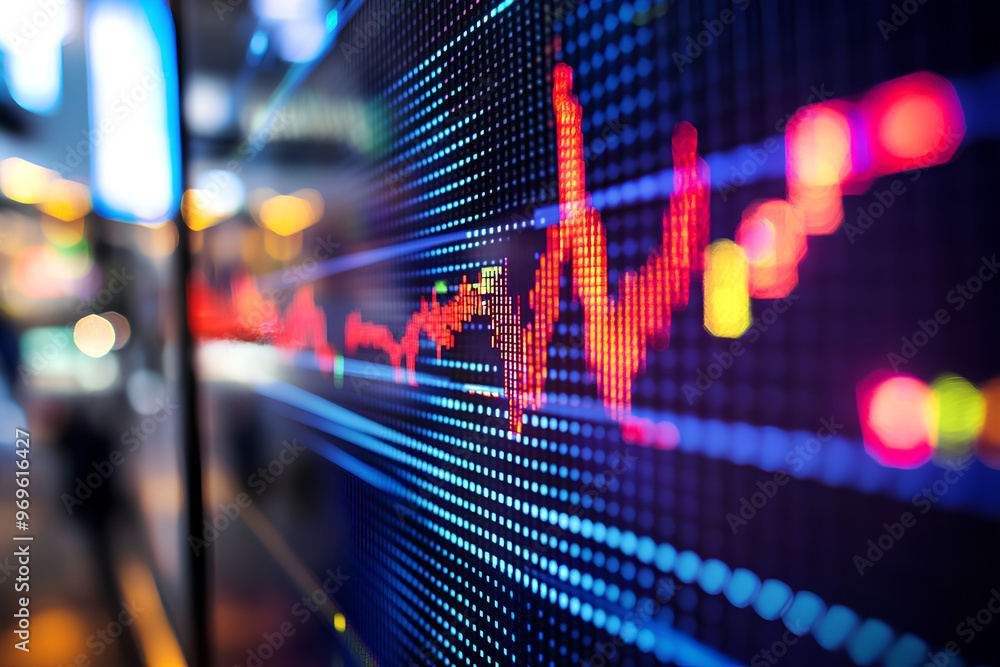 Poster digital stock market graph with colorful data points and trends.