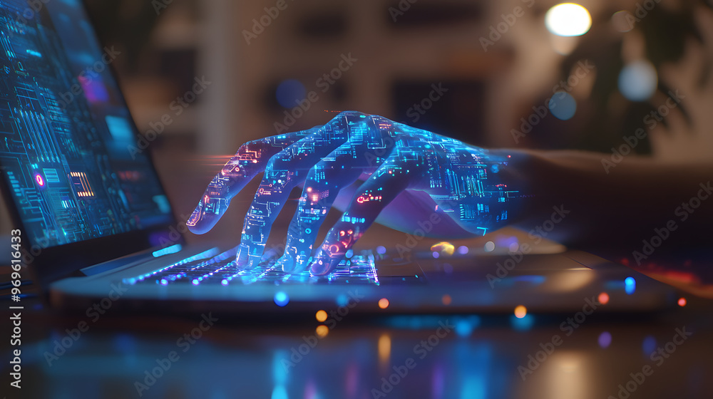 Poster digital hand typing: a hand glows with digital data, typing on a laptop keyboard. the image symboliz