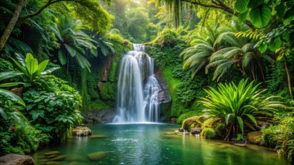 Tropical waterfall surrounded by lush green foliage, creating a serene and tranquil atmosphere, waterfall, tropical forest, nature