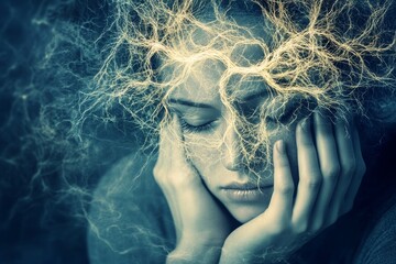 Biofeedback stimulus cognitive neuroscience and intelligence quotient person with glowing brain shaped neural network symbolizing cognitive overload and contemplation