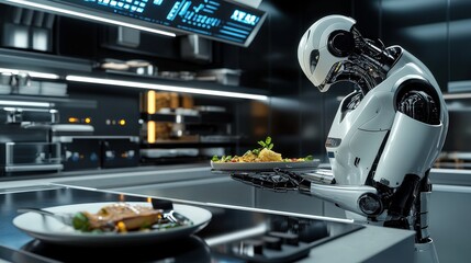 In a sleek kitchen, a robot meticulously assembles a gourmet dish, showcasing its precision and advanced culinary skills amidst soft dusk lighting