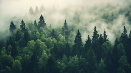 Fototapeta premium Gęsty las, w którym drzewa znikają w mglistym obłoku, tworząc tajemniczą i eteryczną atmosferę.