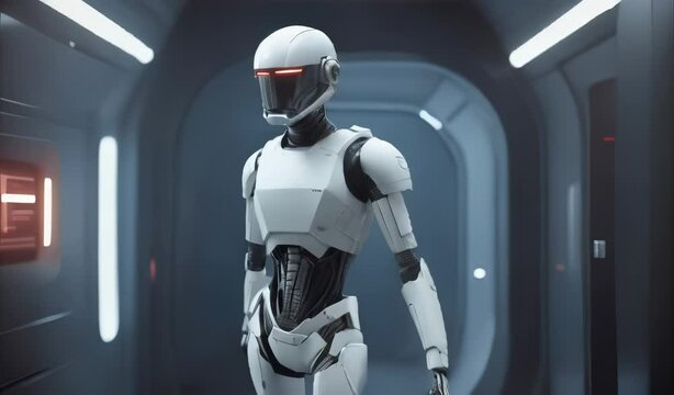 Futuristic Robot Walking in Sci-Fi Corridor