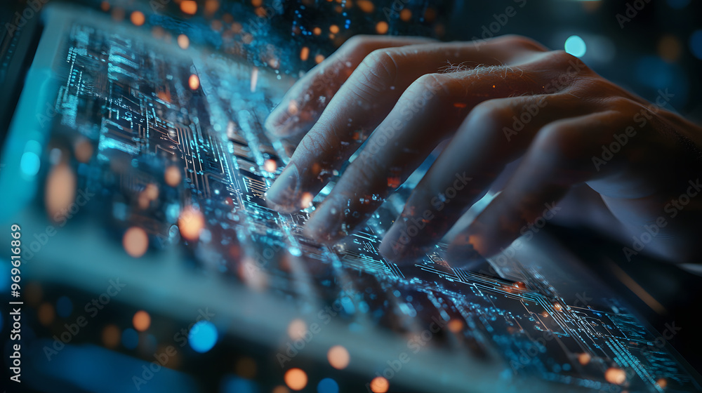 Poster digital alchemy: hands dance across a keyboard, igniting a symphony of glowing data streams, capturi