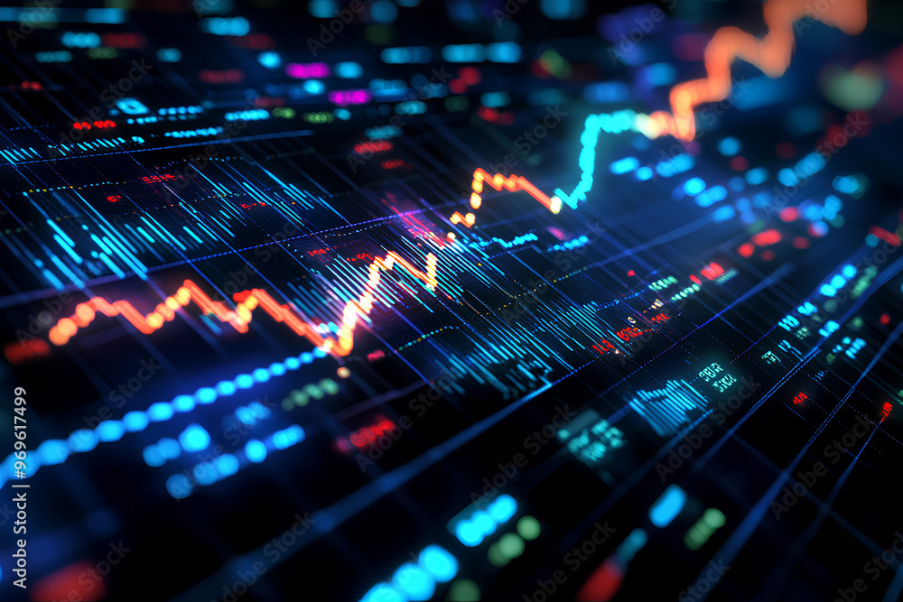 Poster a digital representation of financial data with colorful graphs and charts.