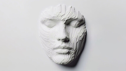 3D face in minimalist style made with thick white paint on a simple white background, rough texture, smooth curves and fine details