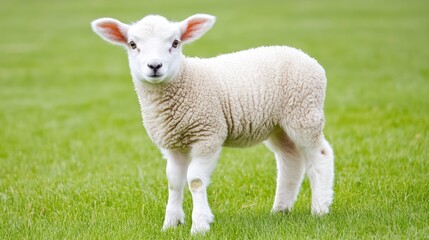 A charming lamb with soft white fur stands in a vibrant grassy field, enjoying the fresh air and serene surroundings on a sunny day