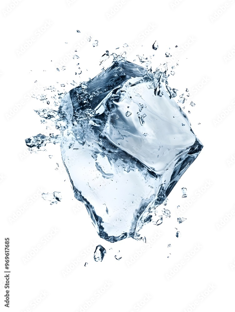 Poster close up image of a crystal clear ice cube creating dynamic splashes ripples and reflections in liqu