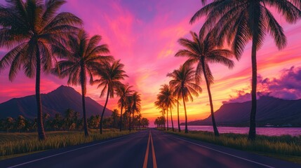 Sunset glow illuminates a scenic road lined with tall palm trees swaying gently in the warm evening breeze. Vibrant pink and orange skies above