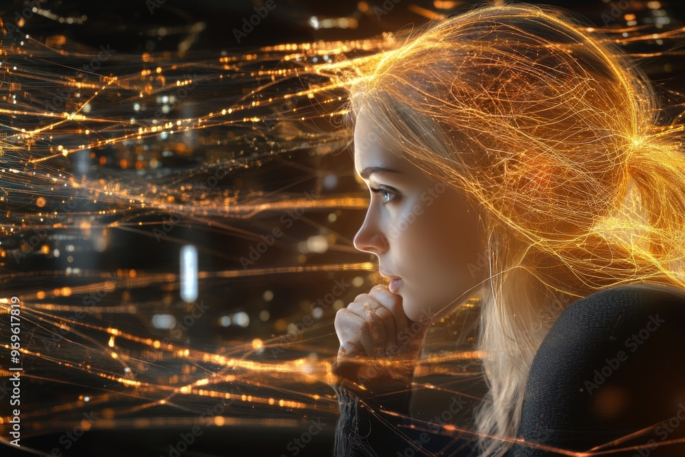 Poster synaptic transmission mental computation visual processing and frontal lobe woman with golden neural