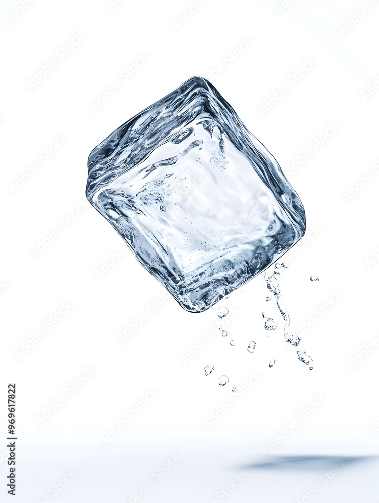 Poster close up of a single transparent melting ice cube with splashing water droplets against a clean whit