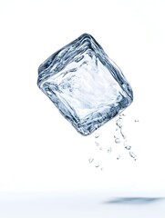 Obraz premium Close up of a single transparent melting ice cube with splashing water droplets against a clean white background The image showcases the frozen block s angular crystal like structure and the fluid