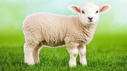 Obraz premium A charming lamb with soft white fur stands in a vibrant grassy field, enjoying the fresh air and serene surroundings on a sunny day