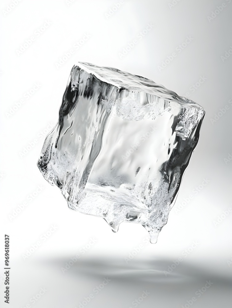 Poster close up of a transparent and geometric ice cube block against a plain white background in a minimal