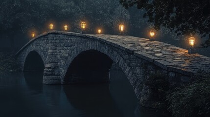 A historic stone bridge over a river, with subtle lanterns casting shadows on the ancient arches at night. Timeless and atmospheric