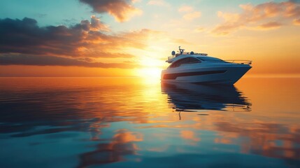 Peaceful cabin cruiser cruising across a mirror-like ocean, with the golden glow of sunset on the horizon, creating a serene and reflective scene