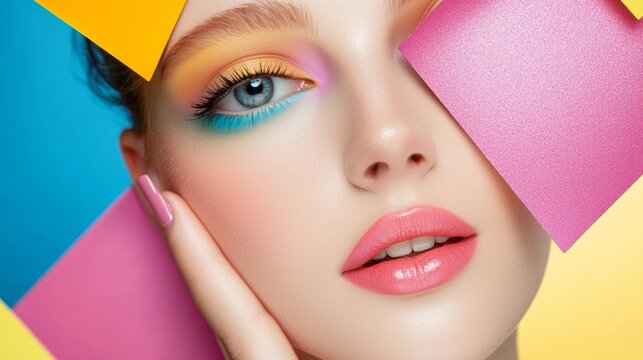 How can the color palette in this image inspire a vibrant and playful makeup look for a spring or summer collection,