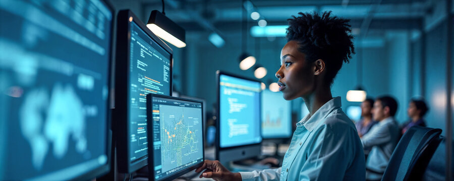 A focused black woman is coding at her computer, surrounded by multiple screens displaying data and graphics. Colleagues are engaged in their work in a dimly lit tech environment.