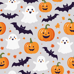 Fototapeta premium Cute ghosts, pumpkins, and bats seamless pattern for Halloween holiday. Halloween background for fabric, wrapping paper, textile, wallpaper and craft