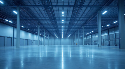 Nowoczesny magazyn o jasnym, przestronnym wnętrzu, z dobrze oświetlonymi przestrzeniami.
