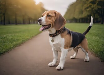 A beagle dog is happily walking down a dirt path in a lovely park