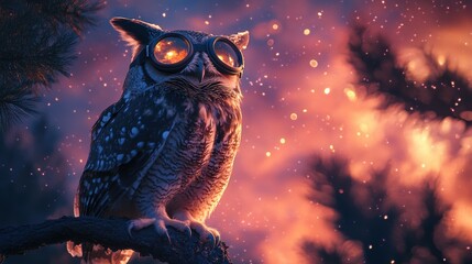 Adventurous Owl in Aviator Gear on Tree Branch at Twilight Sky with Stars