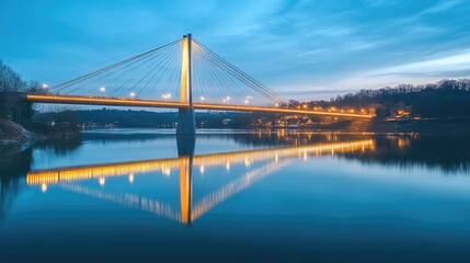 A modern suspension bridge illuminated by golden lights reflecting on the calm river below during twilight. Serene and magical atmosphere