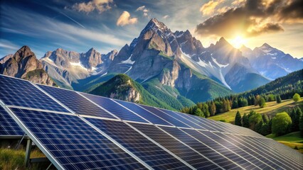 Solar panels set against a majestic mountainous backdrop, solar energy, renewable, sustainable