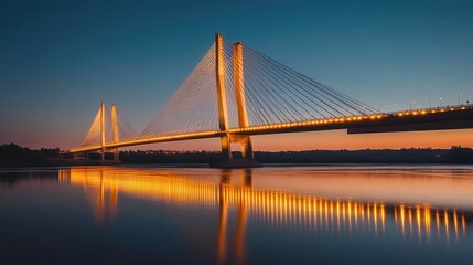 Fototapeta premium A modern suspension bridge illuminated by golden lights reflecting on the calm river below during twilight. Serene and magical atmosphere