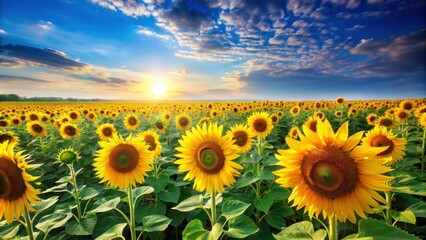 Fototapeta premium Vibrant sunflower field under a clear sky, sunflowers, field, nature, yellow, blossoms, summer, colorful, bright, petals
