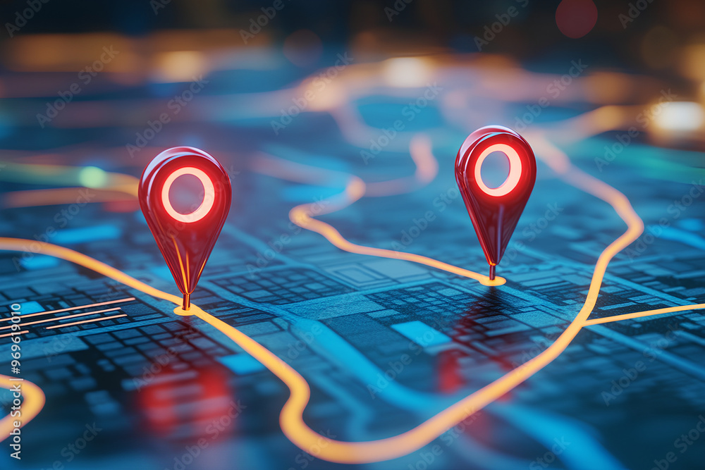 Poster digital map with glowing location pins indicating specific points.